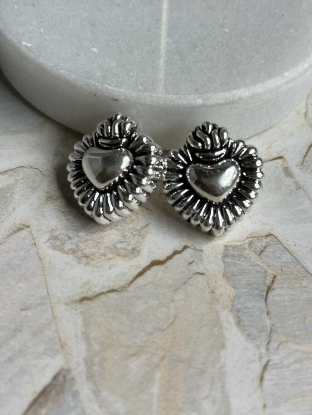 925 Sterling Silver Radiant Sacred Heart Post Earrings